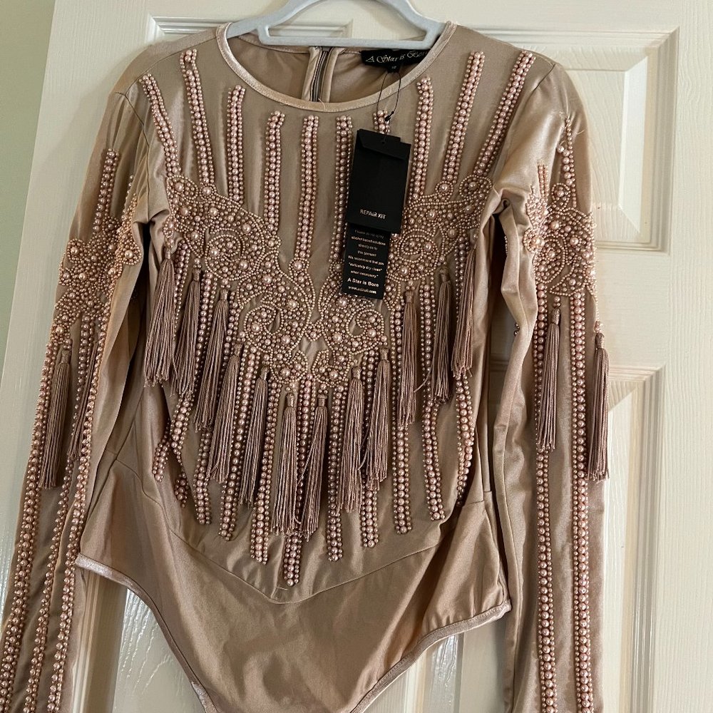 A Star is Born Gold Embellished Fringe Bodysuit